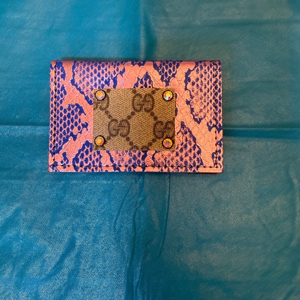 GG Pink & Blue Snakeskin Card Case with GG Logo Patch
